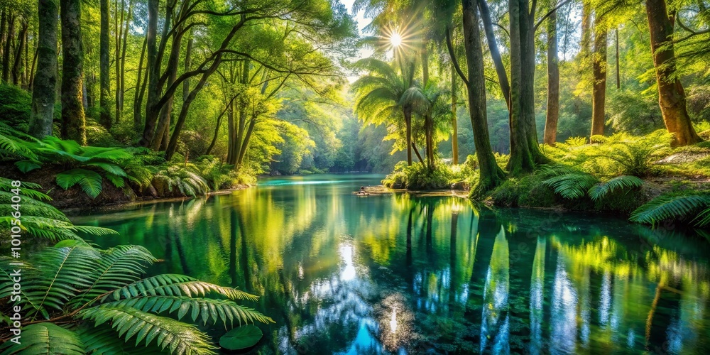 Φωτογραφία Sunlight filtering through verdant foliage illuminates a tranquil stream amidst towering trees and lush vegetation, creating a picturesque scene of natural beauty