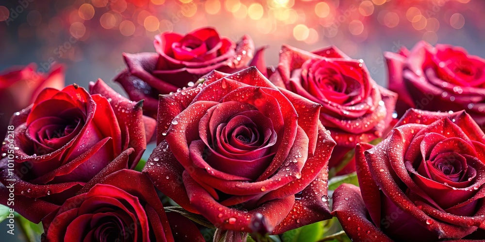A Lush Bouquet of Crimson Roses Adorned with Dew Drops, Captured Against a Dreamy Background of Shimmering Lights A Lush Bouquet of Crimson Roses Adorned with Dew Drops, Captured Against a Dreamy Background of Shimmering Lights