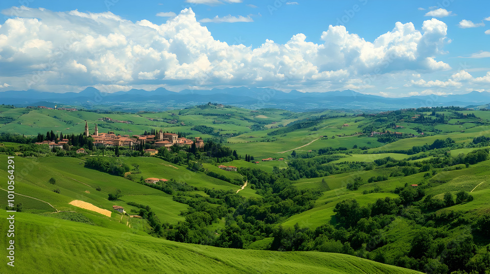 Idyllic Italian Countryside with Rolling Hills and Distant Mountains Idyllic Italian Countryside with Rolling Hills and Distant Mountains