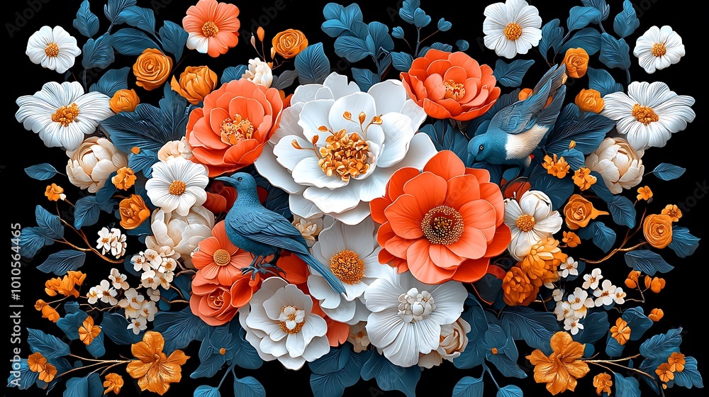 Colorful 3D Paper Flowers with Birds on Black Background Colorful 3D Paper Flowers with Birds on Black Background
