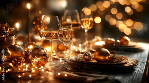 Elegant Golden Table Setting with Wine Glasses and Ornaments