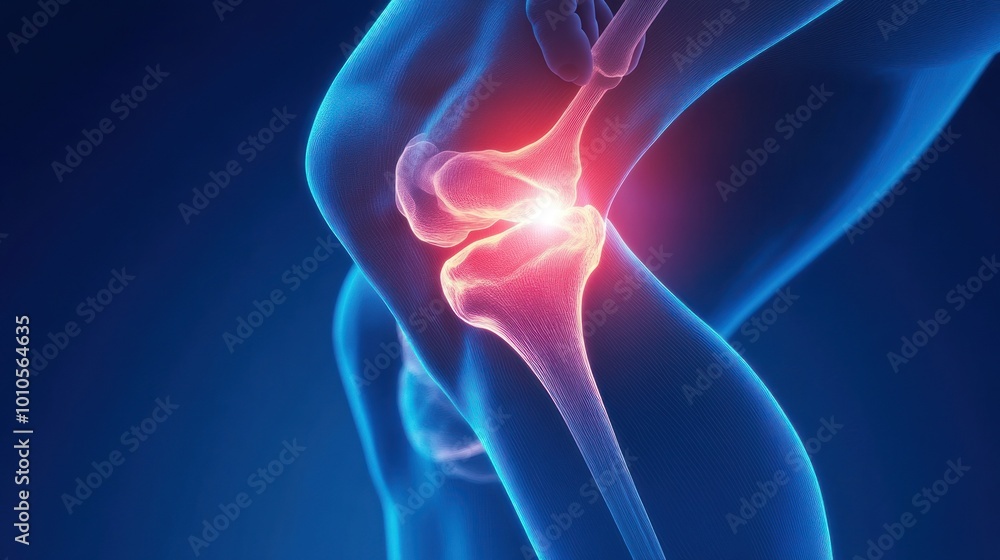 Detailed image of knee joint highlighting inflammation Detailed image of knee joint highlighting inflammation