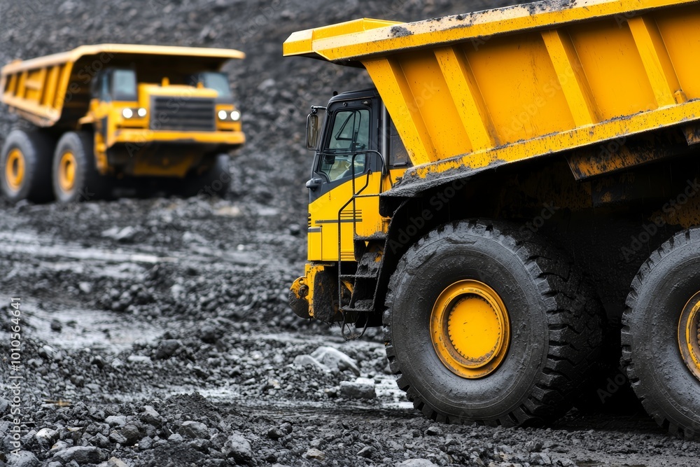 Heavy-duty yellow mining trucks on a muddy terrain, industrial machines ready for earthmoving in large-scale construction Heavy-duty yellow mining trucks on a muddy terrain, industrial machines ready for earthmoving in large-scale construction