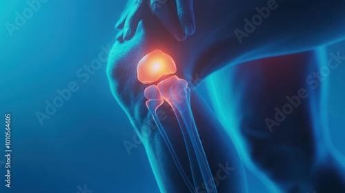 Bright glowing kneecap illustration with hand overlay photo