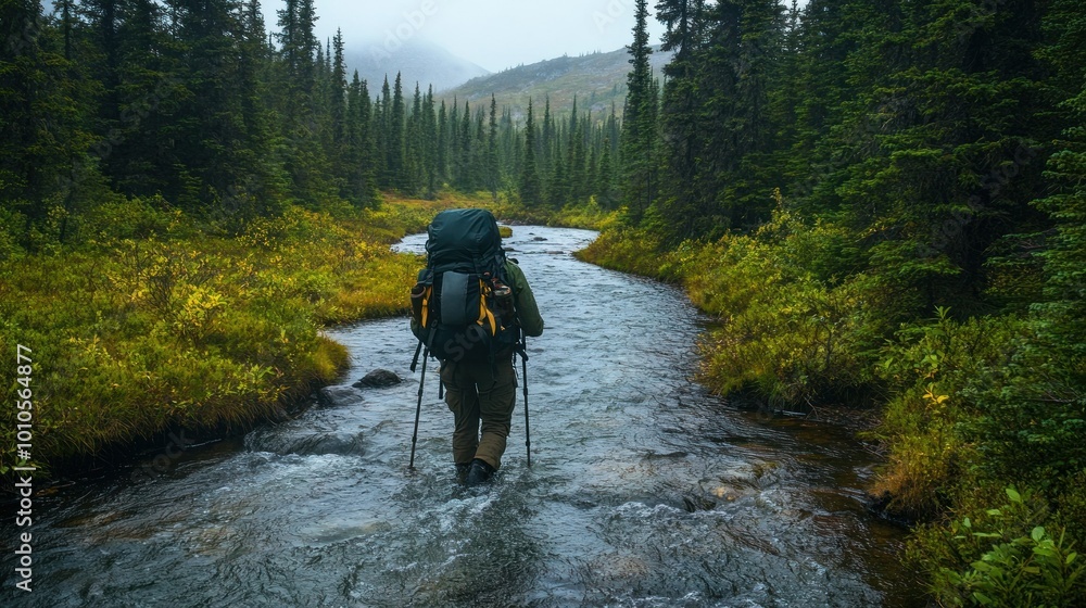 A Solo Backpacker Navigates a Forested Stream A Solo Backpacker Navigates a Forested Stream