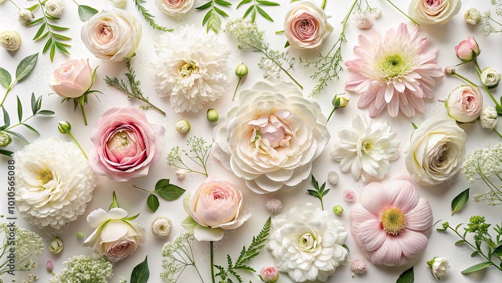 Delicate Blooms in a Pastel Symphony of Pink and White, Arranged in a Symmetrical Pattern on a Pristine Surface Delicate Blooms in a Pastel Symphony of Pink and White, Arranged in a Symmetrical Pattern on a Pristine Surface