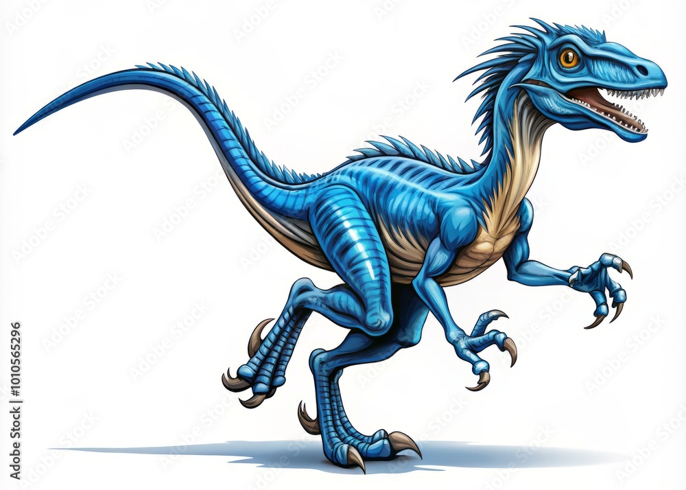 Fototapeta premium Blue Velociraptor Vector Illustration in Dynamic Running Pose with Sharp Claws and Long Tail for Creative Projects and