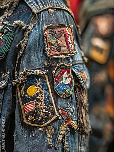 close-up of military patches on a veteran's jacket during a ceremony, showcasing intricate details and textures, free from logos or copyright marks