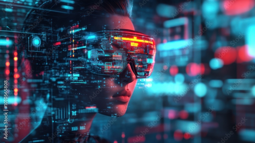 Digital avatar with glasses in virtual cyber world. Digital avatar with glasses in virtual cyber world.