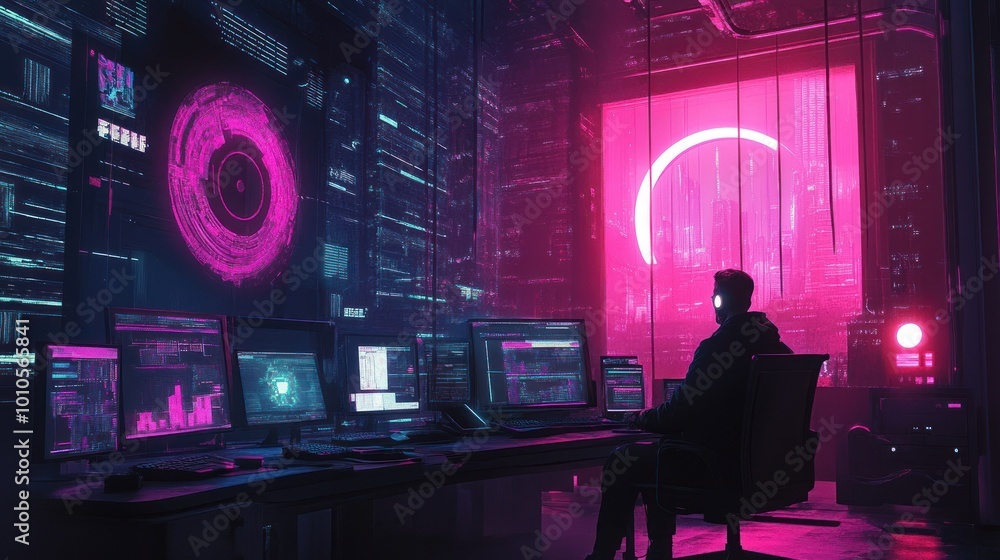 Individual at high-tech workstation with pink ambience. Individual at high-tech workstation with pink ambience.