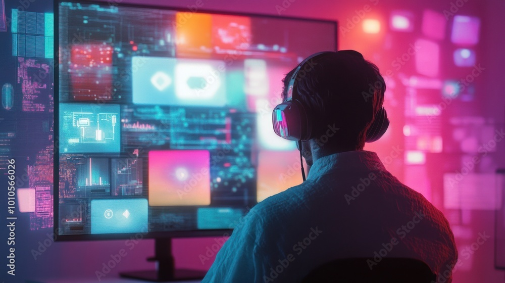 Person with headphones engrossed in digital display. Person with headphones engrossed in digital display.