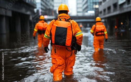 Rescuers in orange uniforms wading through a waterlogged city, urban flood relief and emergency efforts, extreme weather disaster response photo