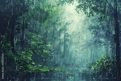 A forest with rain falling on it