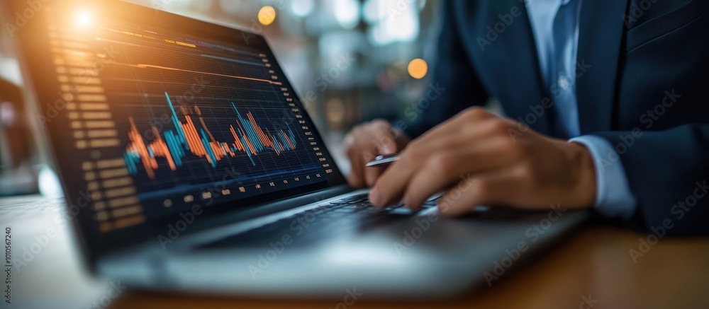 Close-up of a businessman's hands working on a laptop with a stock chart on the screen. Close-up of a businessman's hands working on a laptop with a stock chart on the screen.