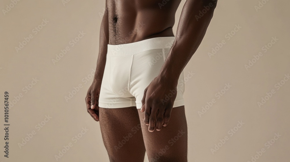 Side angle view of man in white briefs standing calm Side angle view of man in white briefs standing calm