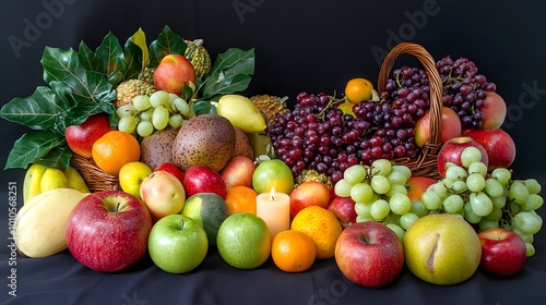 A beautifully arranged Thanksgiving centerpiece featuring autumn harvest elements with seasonal fruits and candles, creating a cozy and warm atmosphere