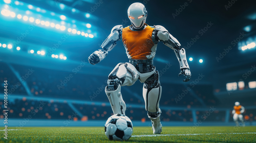 Robotic athlete sprints across soccer field in style Robotic athlete sprints across soccer field in style