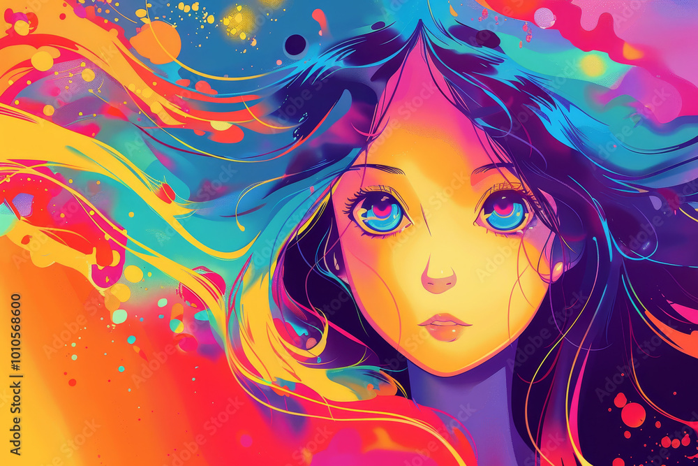 Naklejka premium A colorful painting of a woman with long hair and blue eyes