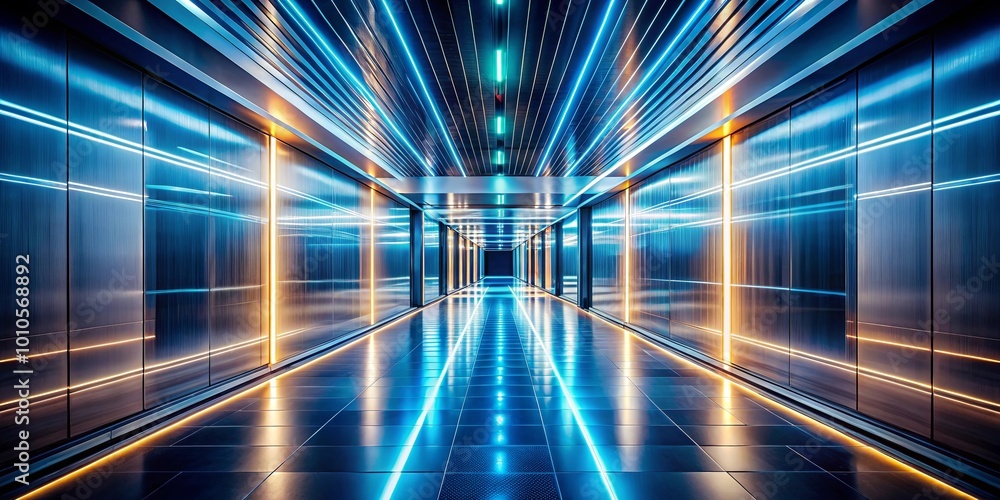 A futuristic corridor with luminous blue and warm yellow lines illuminating the sleek metallic walls and tiled floor, creating a vibrant and dynamic atmosphere. A futuristic corridor with luminous blue and warm yellow lines illuminating the sleek metallic walls and tiled floor, creating a vibrant and dynamic atmosphere.