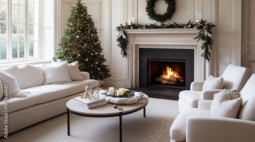 A cozy holiday living room featuring a decorated tree, elegant furniture, and a warm fireplace, perfect for festive gatherings.