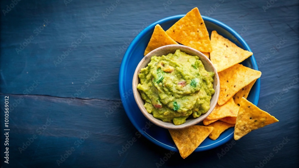 A bowl of guacamole with tortilla chips on a blue plate, on a blue wooden background. A bowl of guacamole with tortilla chips on a blue plate, on a blue wooden background.