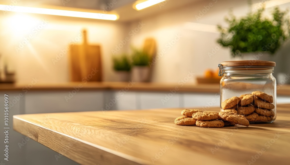 Wooden kitchen counter with tea jars and cookies, clean modern kitchen background with bright white cabinets and soft lighting Wooden kitchen counter with tea jars and cookies, clean modern kitchen background with bright white cabinets and soft lighting