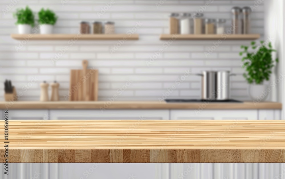Wooden kitchen countertop in a bright, cozy kitchen, blurred modern appliances and shelves in the background, inviting home interior Wooden kitchen countertop in a bright, cozy kitchen, blurred modern appliances and shelves in the background, inviting home interior