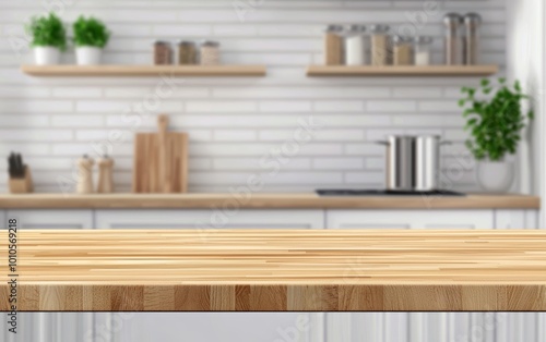 Wooden kitchen countertop in a bright, cozy kitchen, blurred modern appliances and shelves in the background, inviting home interior