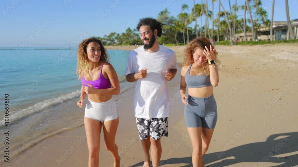 A cheerful group of friends jogs energetically along the picturesque and beautiful shore in Oahu, Hawaii, surrounded by swaying palm trees and the sparkling ocean, enjoying their time together A cheerful group of friends jogs energetically along the picturesque and beautiful shore in Oahu, Hawaii, surrounded by swaying palm trees and the sparkling ocean, enjoying their time together