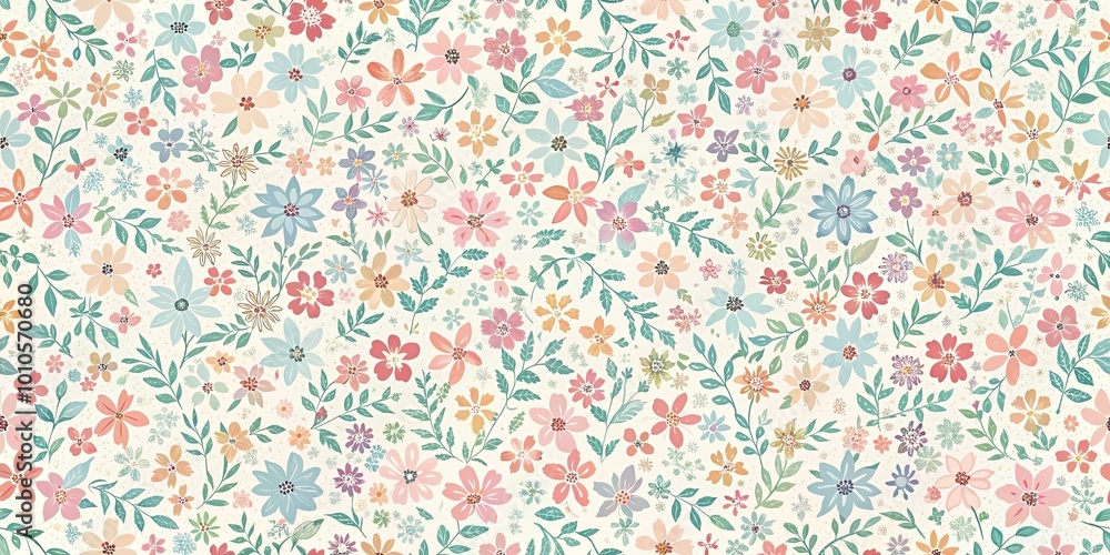 A seamless pattern of delicate, pastel-toned flowers and leaves, forming a harmonious and cheerful composition. A seamless pattern of delicate, pastel-toned flowers and leaves, forming a harmonious and cheerful composition.