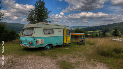 Vintage Camper Van in the Mountains