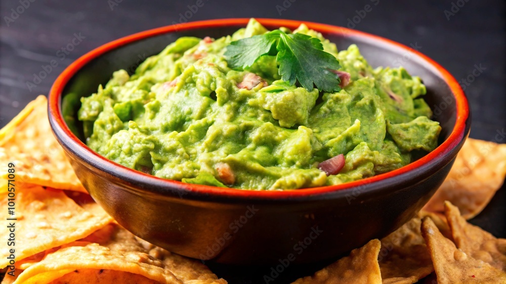 A bowl of guacamole with fresh cilantro garnish and tortilla chips. A bowl of guacamole with fresh cilantro garnish and tortilla chips.