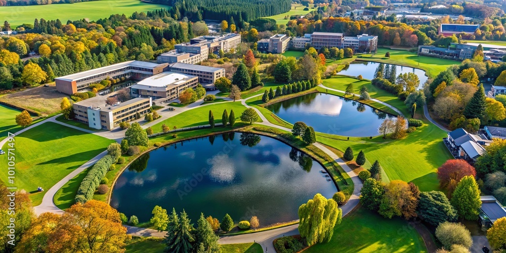 Φωτογραφία An aerial perspective of a sprawling campus with lush green lawns, meandering pathways, and three shimmering ponds reflecting the autumnal hues of the surrounding trees