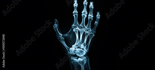 Digital X-rayed human hand. X-ray of hand bones on black background photo