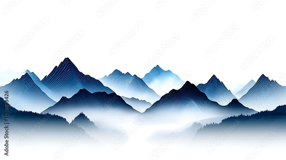 Fototapeta premium Abstract Blue Mountains Landscape Illustration Foggy Peaks Nature Background Digital A
