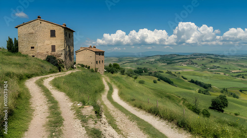 Stone Cottages and Winding Road in the Tuscan Hills