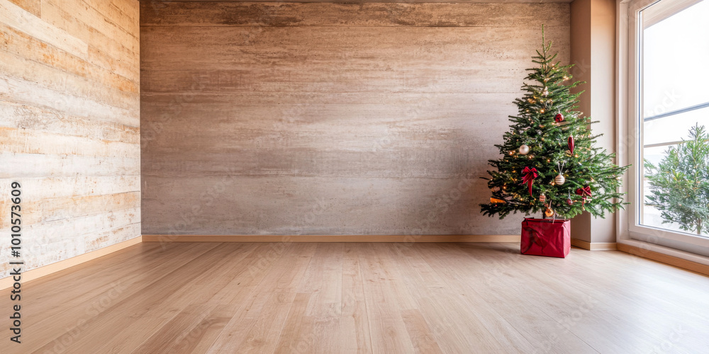 Empty room with wooden walls and a decorated Christmas tree beside a large window Empty room with wooden walls and a decorated Christmas tree beside a large window