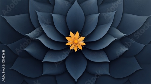 Abstract Floral Design with Blue Petals and Yellow Center.