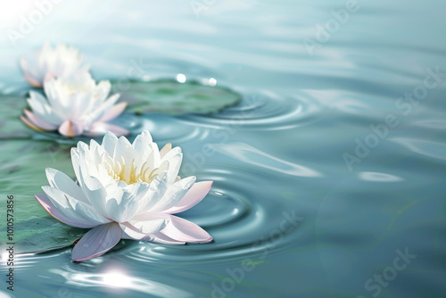 Three white flowers floating on the surface of a body of water