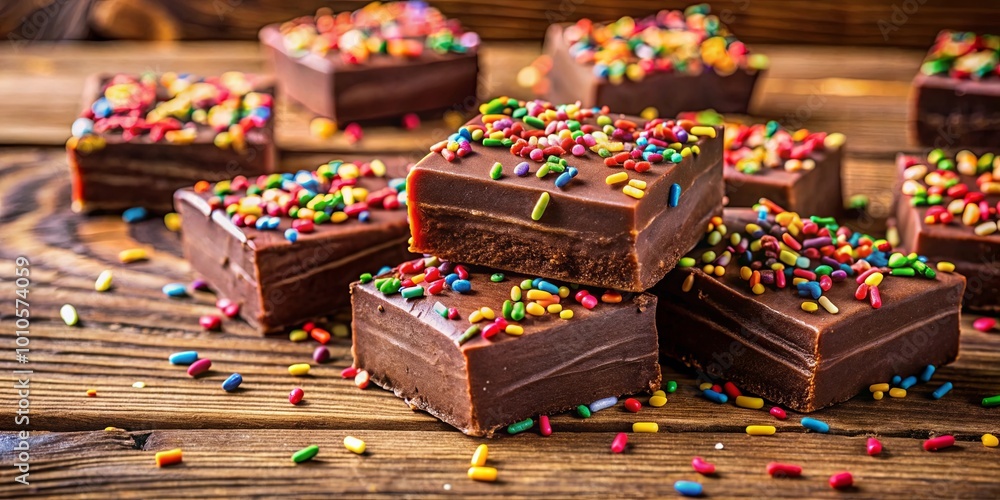 Φωτογραφία A close-up of a stack of chocolate squares topped with colorful sprinkles, scattered on a wooden surface, suggesting a delightful indulgence