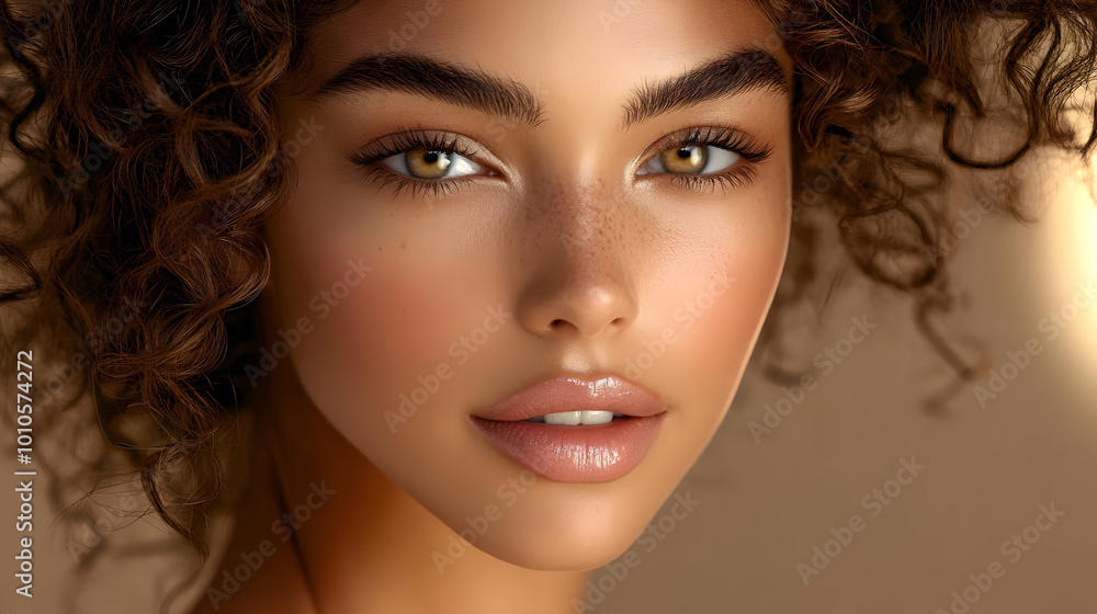 Curly Hair, Freckles, and Makeup: Close-up Beauty Portrait Curly Hair, Freckles, and Makeup: Close-up Beauty Portrait