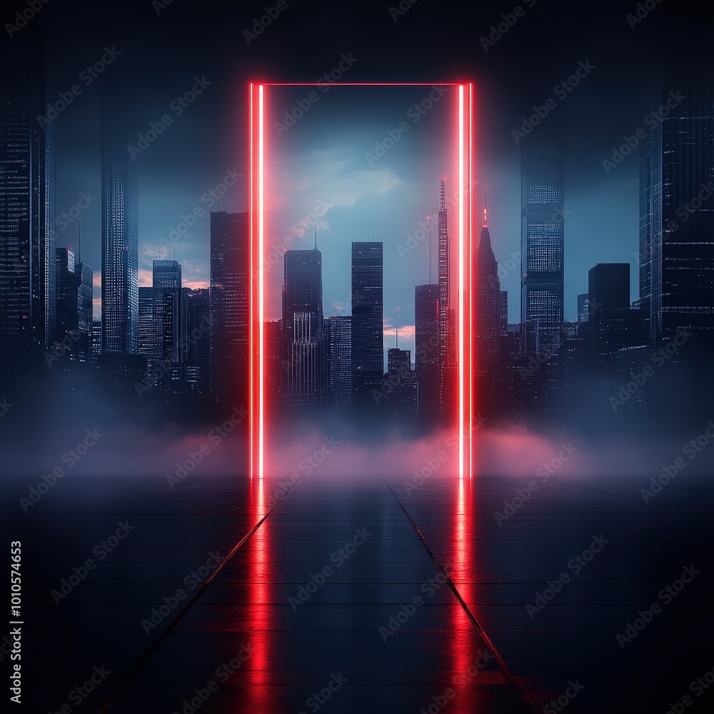 Futuristic Cityscape with Red Neon Gateway. Futuristic Cityscape with Red Neon Gateway.