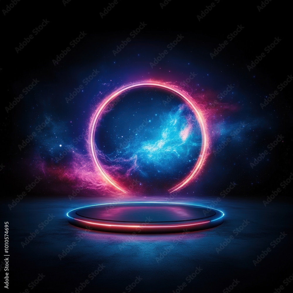 Neon Circle Portal with Cosmic Background