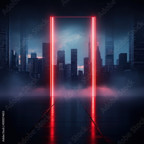 Futuristic Cityscape with Red Neon Gateway.