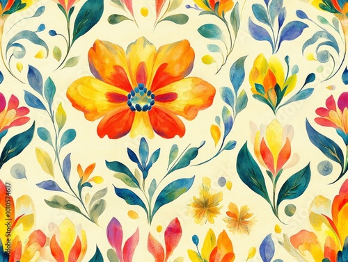 Wallpaper Mural Seamless pattern of a vibrant floral pattern design featuring colorful flowers and leaves on a soft background. Torontodigital.ca