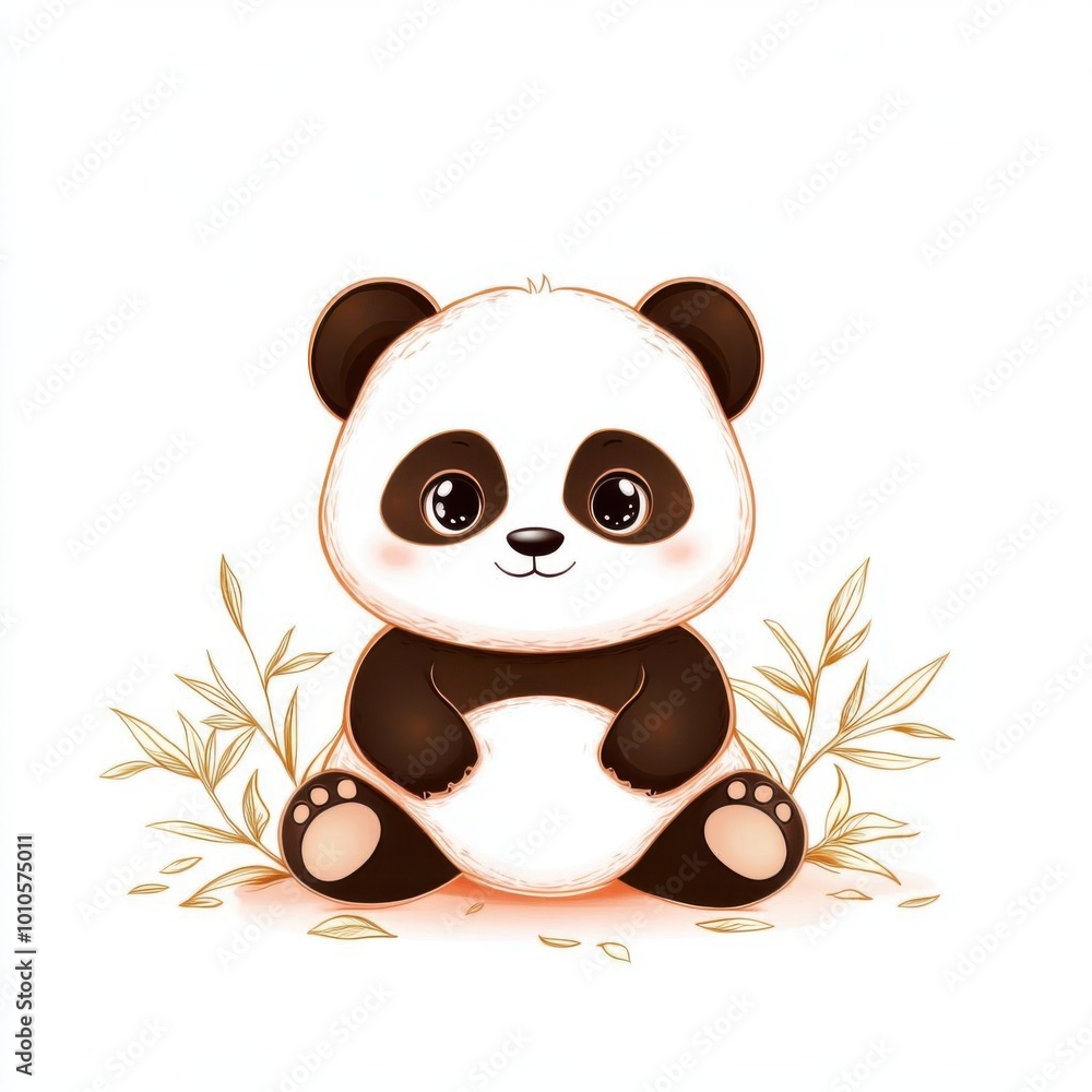 Obraz premium Cute cartoon panda sitting among bamboo, showcasing a whimsical and playful demeanor, ideal for children's themes and designs.
