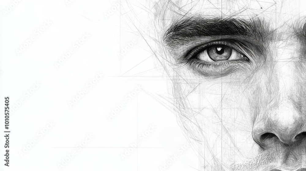 Fototapeta premium High-definition close-up of a realistic male portrait sketch, focusing on sharp lines and intricate detailing in the facial structure. The minimalist background offers copy space on the sides for