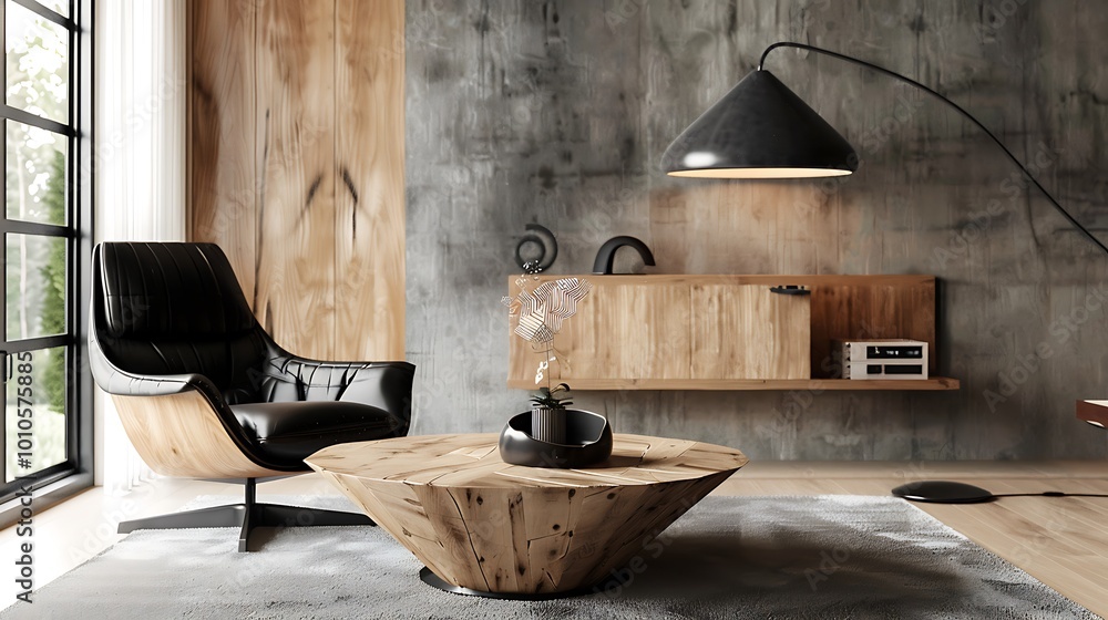 Elegant living room interior with wooden triangular coffee table, lamp and black armchair Elegant living room interior with wooden triangular coffee table, lamp and black armchair
