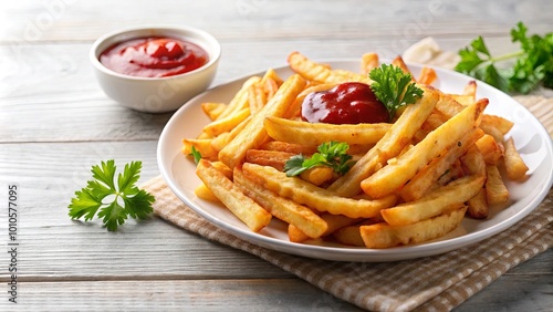 A Plate of Crispy Fried Potato Sticks with a Side of Tangy Red Sauce and Fresh Green Garnish