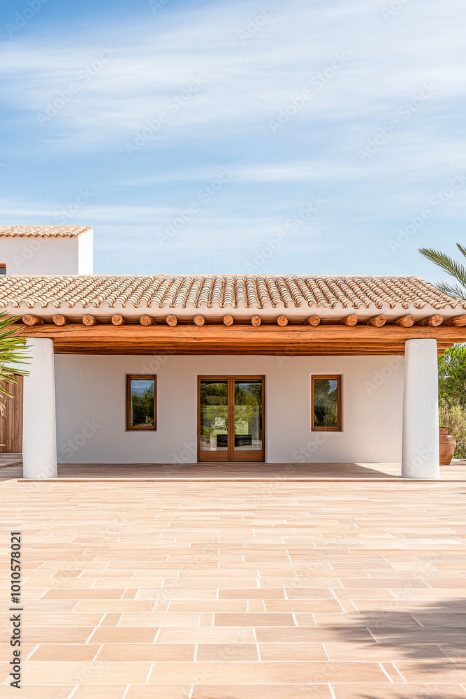 Modern architectural design of a spacious house entrance surrounded by nature on a sunny day Modern architectural design of a spacious house entrance surrounded by nature on a sunny day